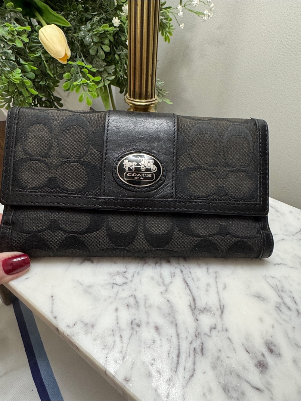 Coach Legacy Black Signature Logo Checkbook Wallet with Metal Emblem